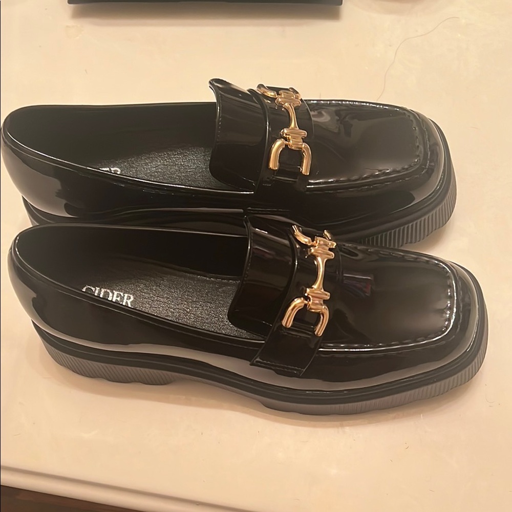Cider Glossy Black Loafers with Gold Accent